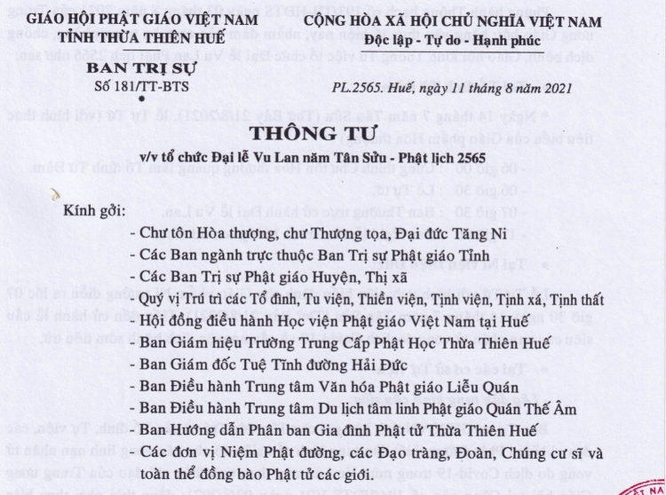 Thông tư về việc tổ chức Đại lễ Vu lan Pl.2565 tại Thừa Thiên Huế