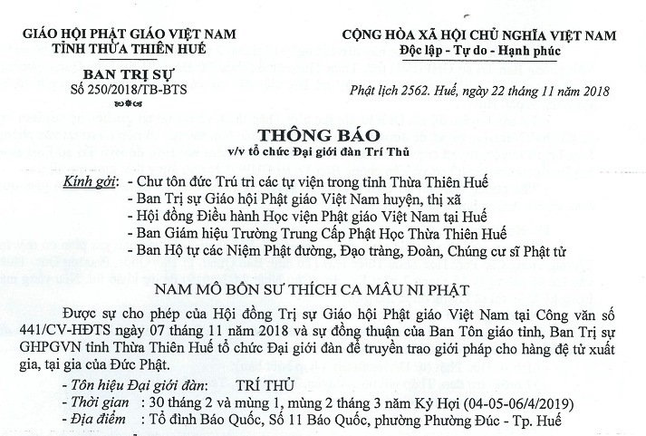 Thông báo về việc tổ chức Đại giới đàn Trí Thủ tại Thừa Thiên Huế
